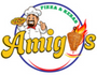 Amigos Pizza & Kebab logo with a cartoon chef and kebab on a white background